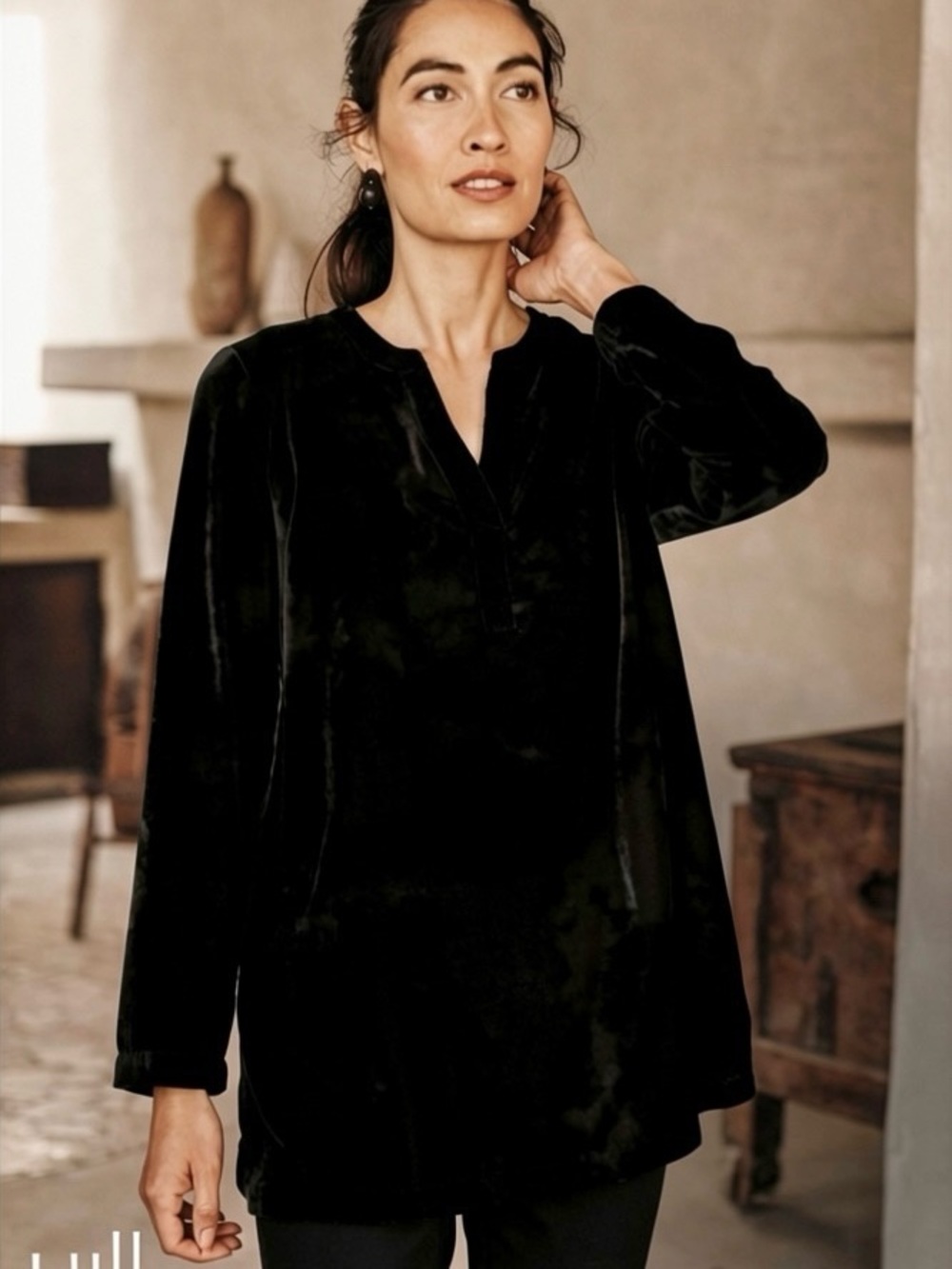 J. Jill Black Velvet Tunic Top Black XL ‘Pure Jill’ Satin-Neckline Velour Casual